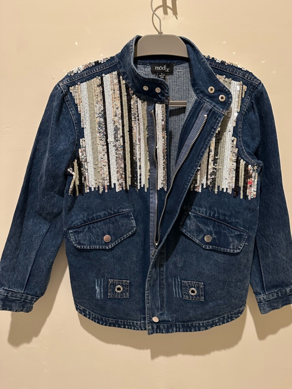 Mod x Women’s Dark Blue Multi-color Sequin Denim Jacket. Size Small - Picture 2 of 8